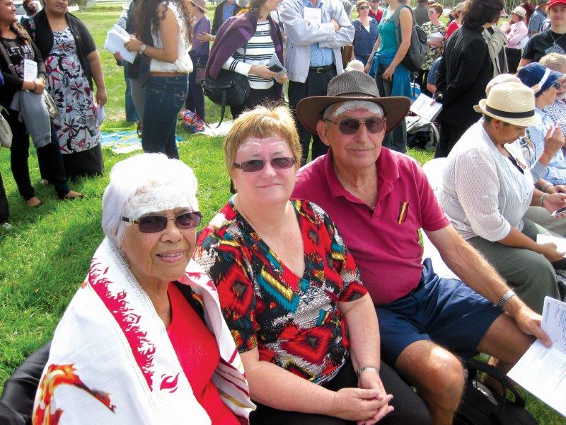 Auntie Mona Olssen, Rev Dr Alison Longworth and Robin Longworth before the vigil at Parliament House in Canberra. 